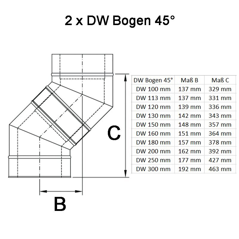 Doppelwandige Edelstahlschornstein Bogen / Winkel 45° DW Ø 80 - 300 mm