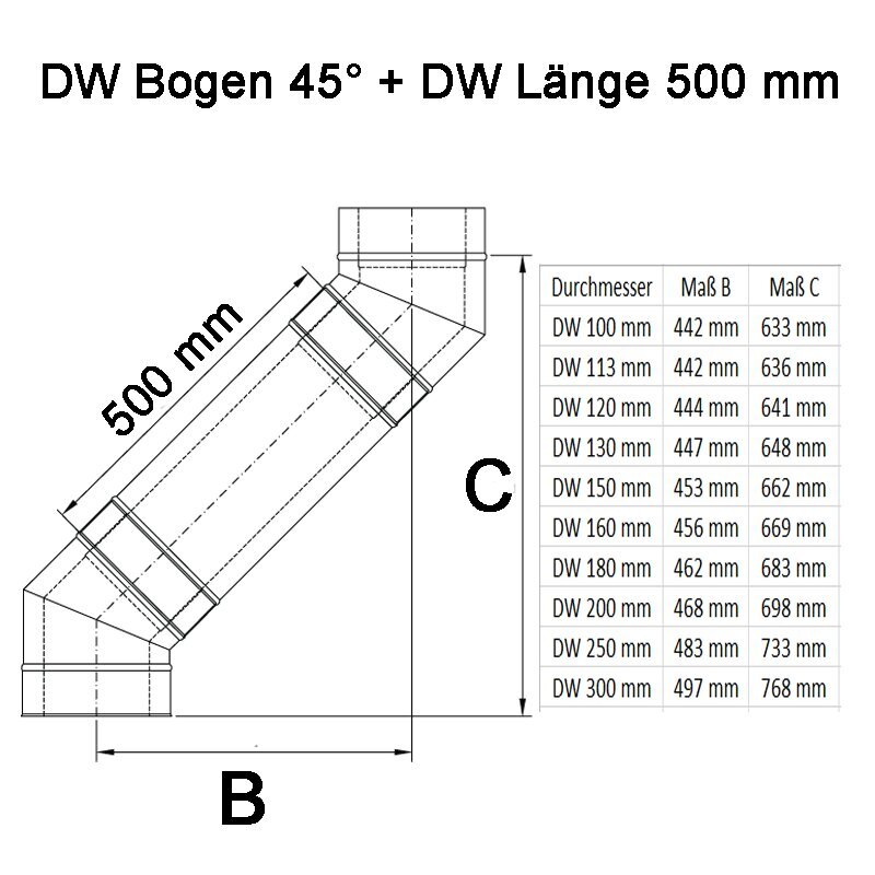 Doppelwandige Edelstahlschornstein Bogen / Winkel 45° DW Ø 80 - 300 mm