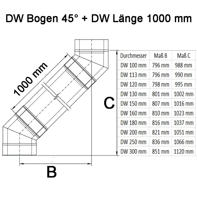 Doppelwandige Edelstahlschornstein Bogen / Winkel 45° DW Ø 80 - 300 mm