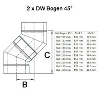 Doppelwandige Edelstahlschornstein Bogen / Winkel 45° DW Ø 80 - 300 mm