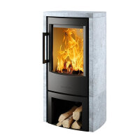 Kaminofen WIKING Miro 4 Natursteinverkleidung, 4,9 kW – Schwarz oder Grau – Holzfachtür / offenes Holzfach