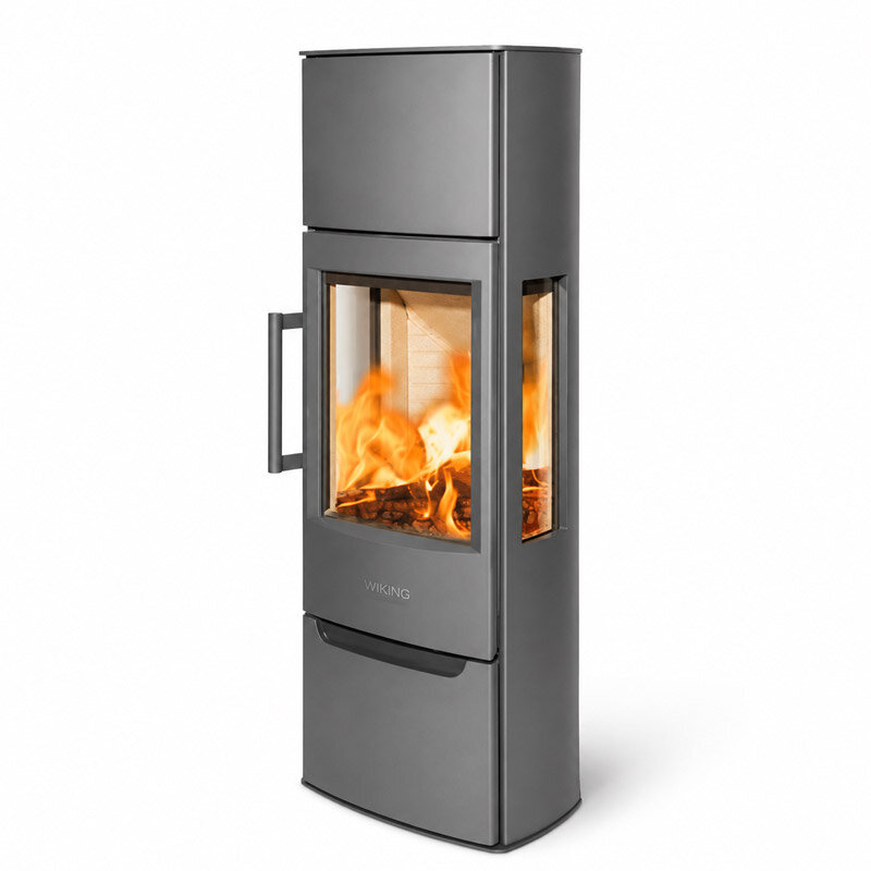 Kaminofen WIKING Miro 5+ mit Holzfach oder Holzfachtür 4,9 kW – Schwarz/Grau