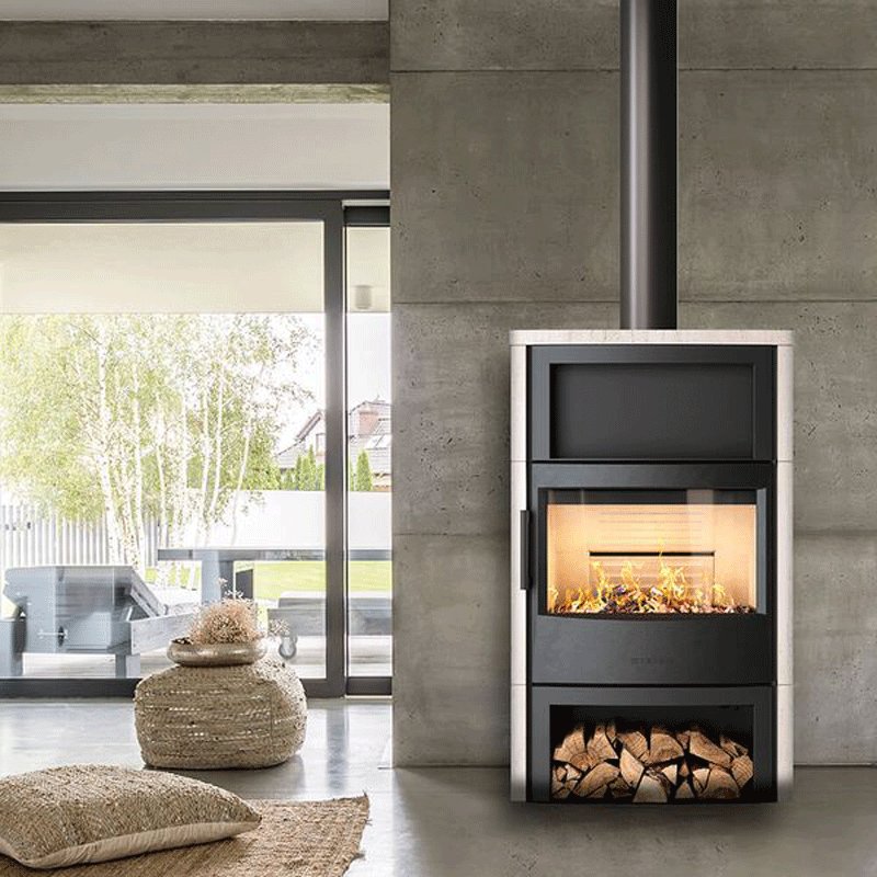 Kaminofen WIKING Maxi 6 | 6,3 kW Stahl- oder Natursteinverkleidung, offenes Holzfach & Holzfachtür