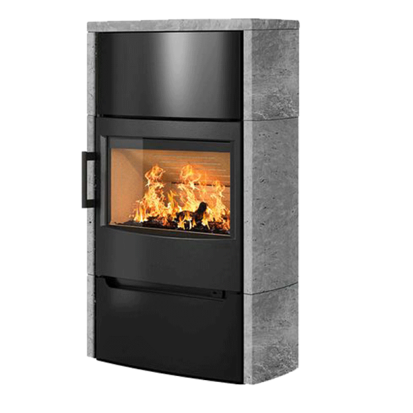 Kaminofen Wiking Maxi 6 Naturstein 6,3 kW, Holzfach mit Tür/offen, Grau & Weiß