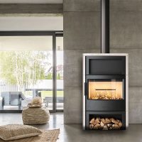 Kaminofen Wiking Maxi 6 Naturstein 6,3 kW, Holzfach mit Tür/offen, Grau & Weiß