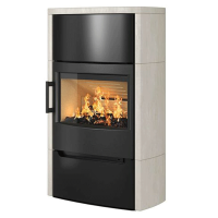 Kaminofen Wiking Maxi 6 Naturstein 6,3 kW, Holzfach mit Tür/offen, Grau & Weiß