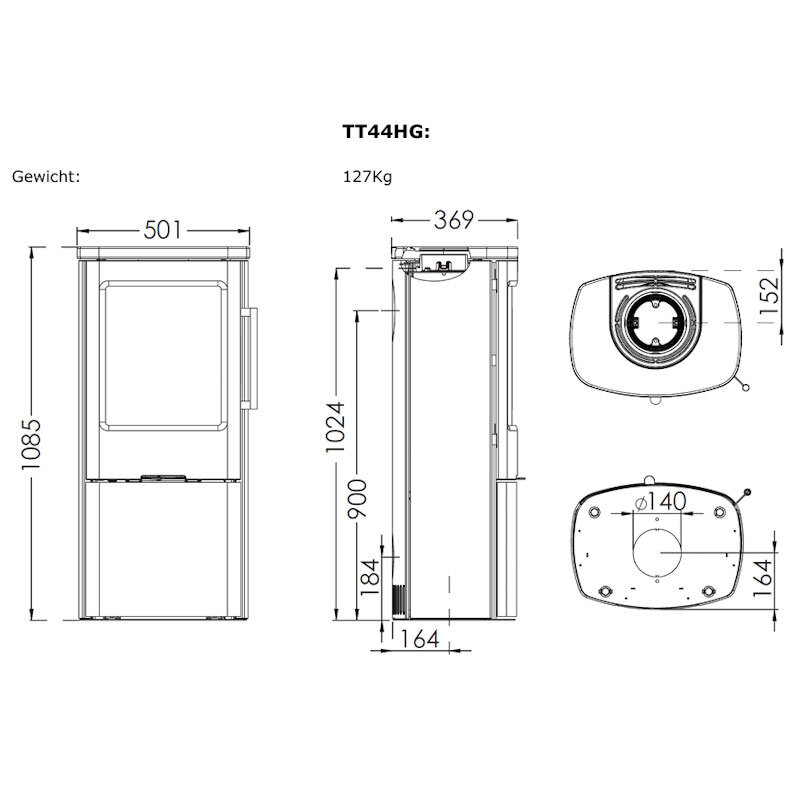 TermaTech TT44HG Kaminofen mit Seitenscheiben Stahl schwarz 4,8 kW