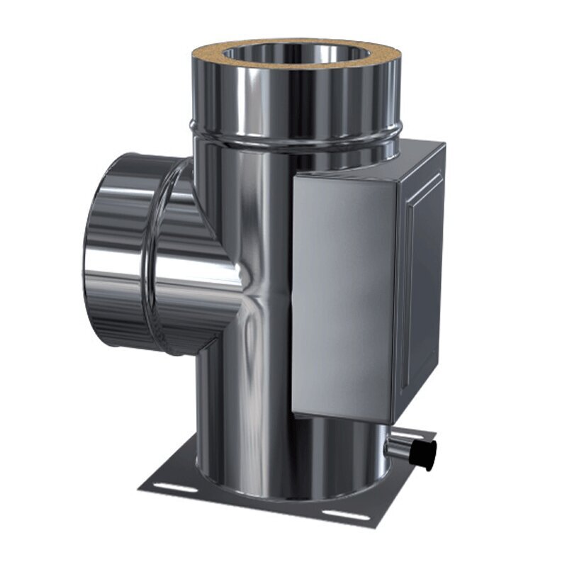 Doppelwandige Edelstahlschornstein Bauteil Kombi Grundplatte + Reinigung + T-Anschluss 90° Ø 113 - 250 mm