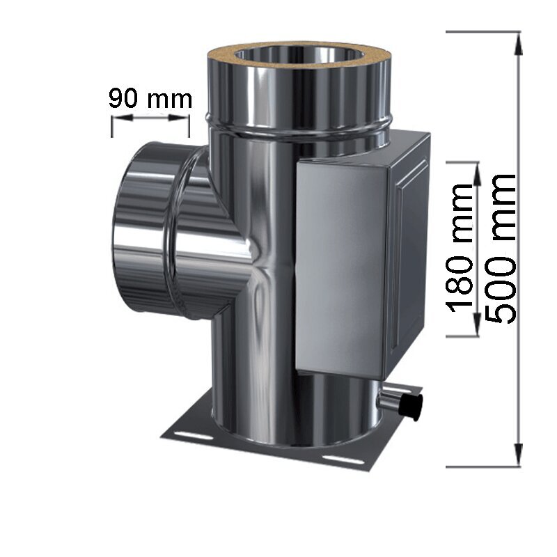 Doppelwandige Edelstahlschornstein Bauteil Kombi Grundplatte + Reinigung + T-Anschluss 90° Ø 113 - 250 mm