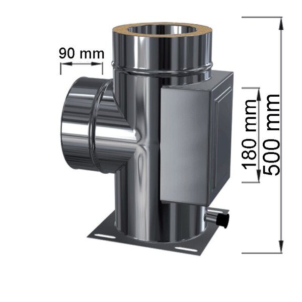 Doppelwandige Edelstahlschornstein Bauteil Kombi Grundplatte+Reinigung+T-Anschluss 90°  Ø 113 - 250 mm