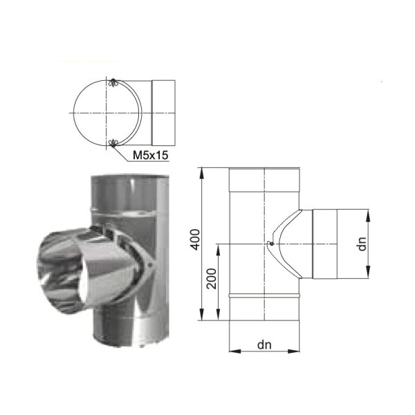 Edelstahlschornstein TR 90° T-Stück / Feuerungsanschluss 90°  kurz 2-teilig Einwandig DN 120 - 250 mm