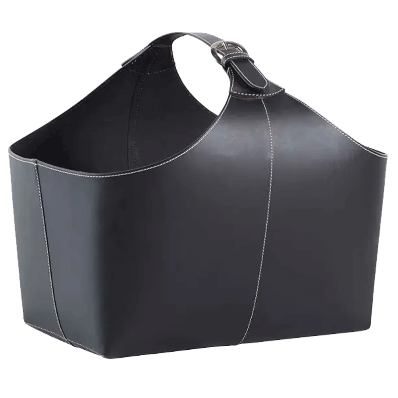 TermaTech Holzkorb Leder Schwarz mit Schnalle – H 240 mm, L 230 mm, B 380 mm