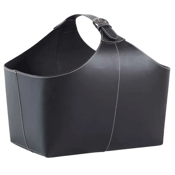 TermaTech Holzkorb Leder Schwarz mit Schnalle – H 240 mm, L 230 mm, B 380 mm