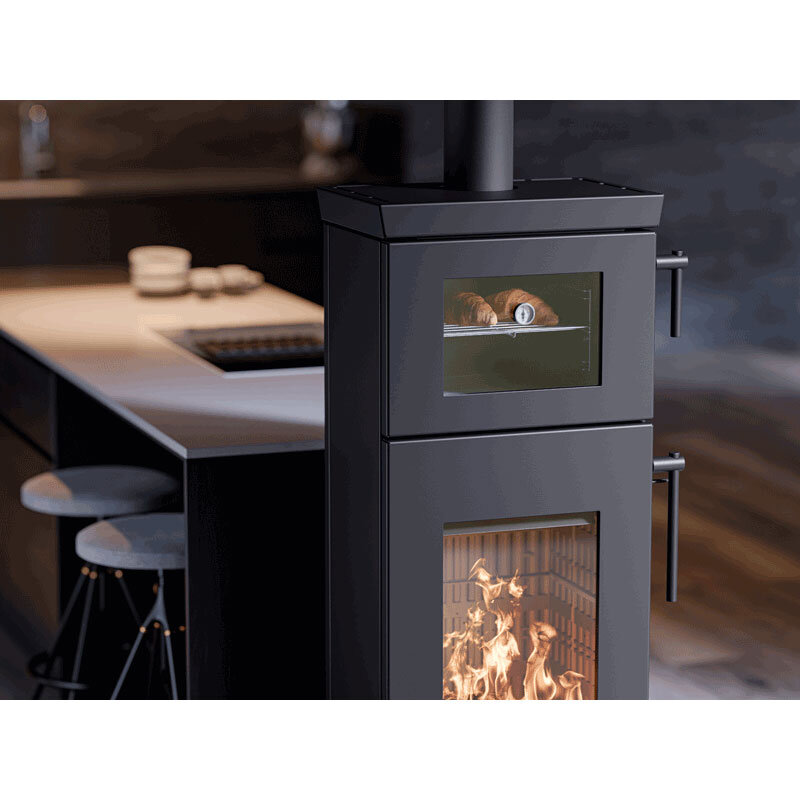 Thermorossi Zen O Kaminofen Stahl schwarz mit Holzfach und Backfach