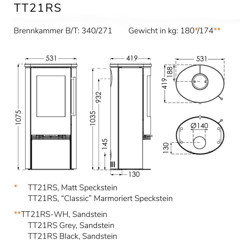 TermaTech TT21RS-WH Kaminofen Sandstein cremeweiß (Porto White) 5 kW