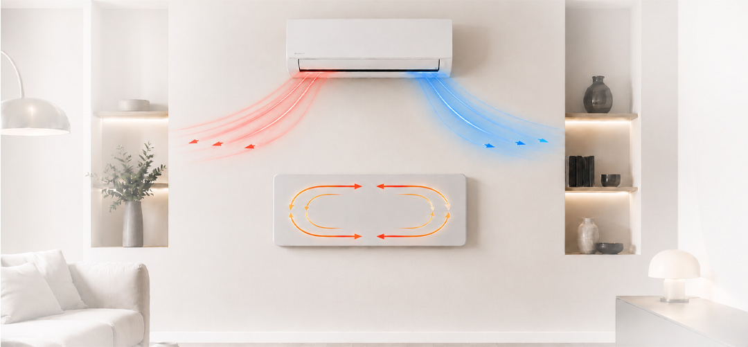 Klimaanlage und Infrarotheizung in einem Wohnraum